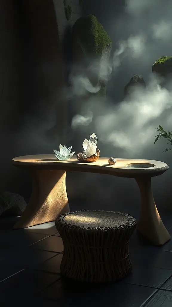 A serene meditation workspace inspired by Dagobah, featuring a unique table with crystals and a misty atmosphere.