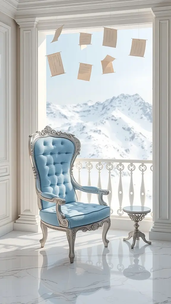 A luxurious blue chair in a bright room with mountain views and hanging papers.