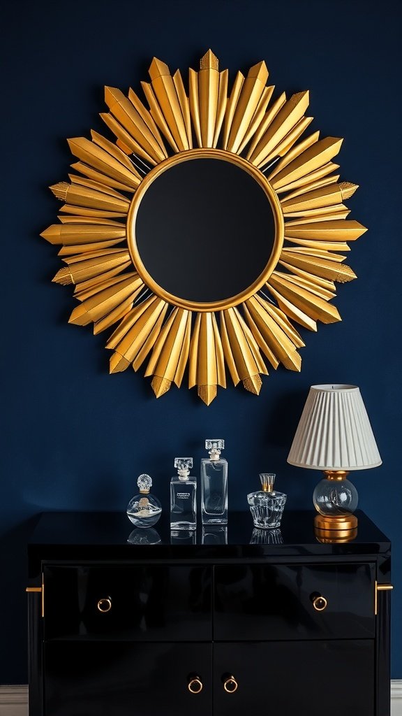 A golden fanburst mirror above a black dresser with perfume bottles and a lamp in a velvet hallway.