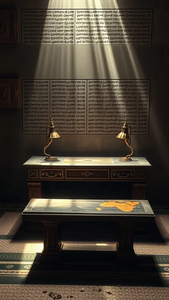 A dimly lit archive room with a desk and lamps, featuring ancient texts on the walls.