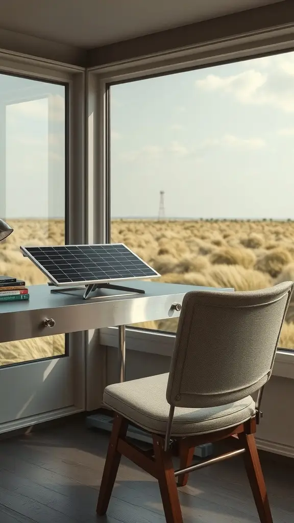 A modern workspace featuring a desk with a solar panel and a view of a grassy landscape.