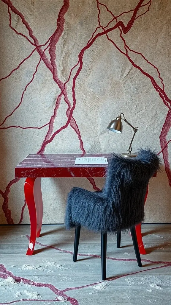 A modern workspace featuring a red desk, fluffy chair, and textured wall with red lines.