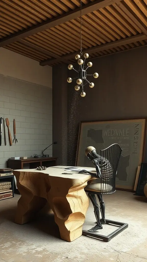 A creative workspace featuring a unique wooden table, a metal chair with a skeleton, and a stylish chandelier.