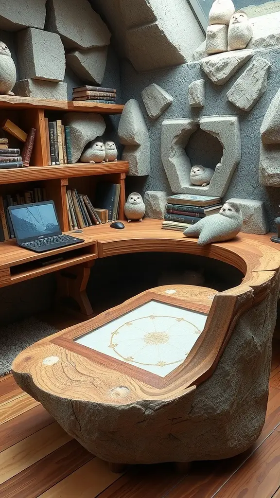 A cozy workspace with a wooden desk, stone walls, and plush creatures, inspired by a cliffside retreat.
