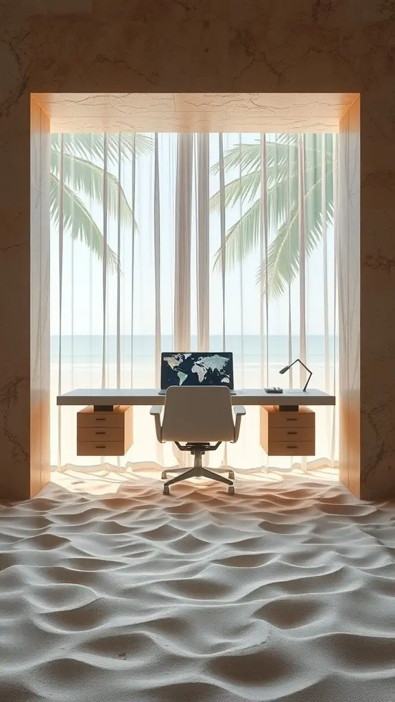 A modern workspace with a view of palm trees and a sandy floor, featuring a desk and computer.
