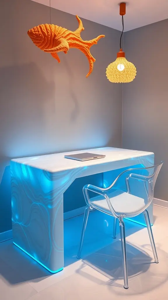 A modern workspace featuring a unique blue-patterned table and stylish pendant lamps.