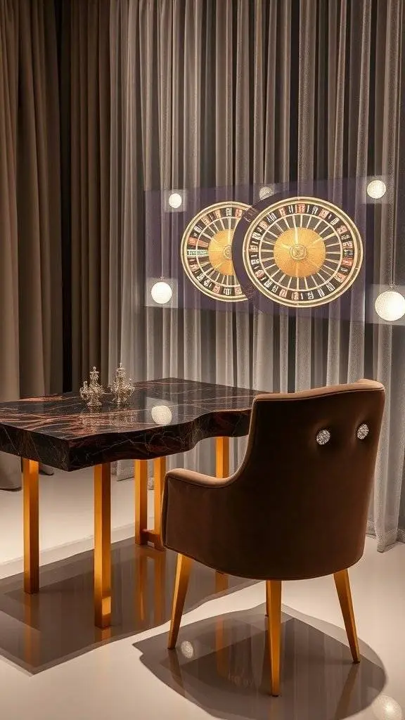 A stylish study with a marble table, plush chair, and holographic roulette display.