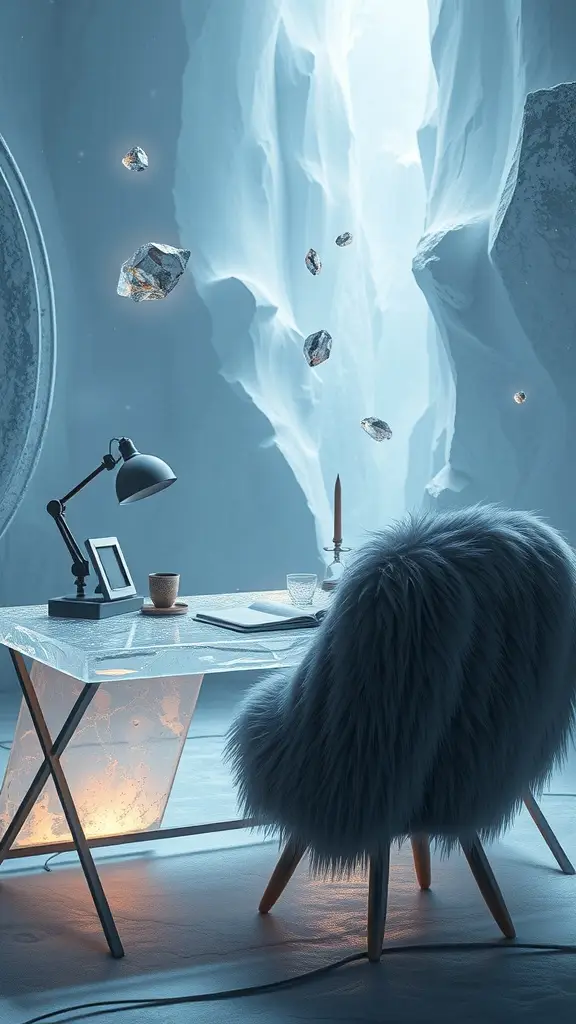 A futuristic workspace with a glowing desk, fluffy chair, and floating crystals in a serene icy environment.