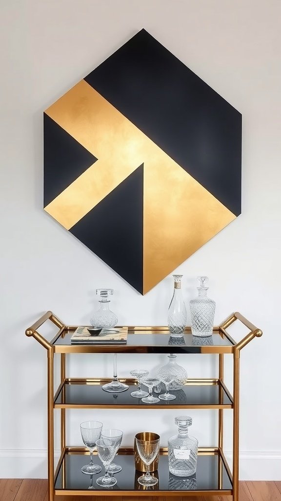 Cubist gold-and-black wall sculpture above a stylish jazz bar cart with glassware.