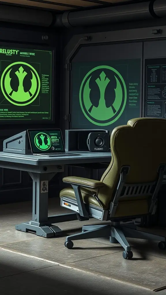 A futuristic workspace featuring a desk with high-tech screens and a comfortable chair, designed for tactical command.
