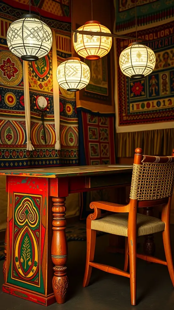 A vibrant artisan studio with colorful tapestries, a red and green table, and hanging lanterns.