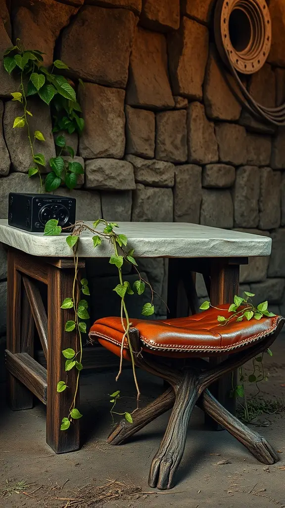 A rustic workspace with a stone wall, wooden table, leather chair, and green vines.