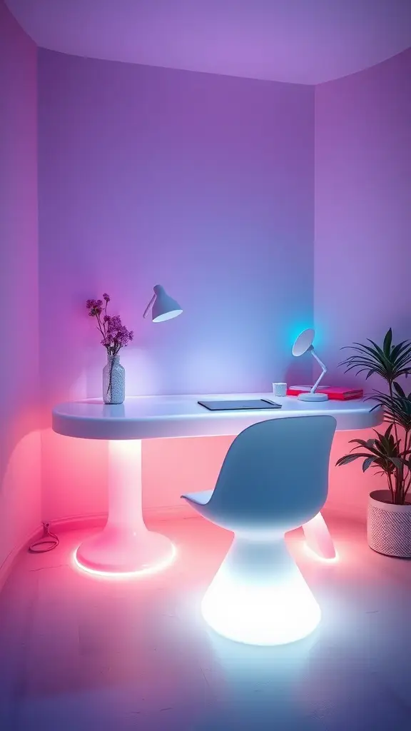 A modern workspace with glowing furniture and soft lighting in pink and blue hues.