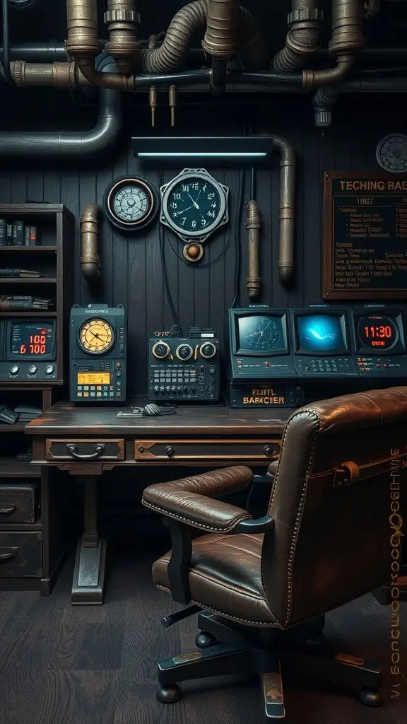 A vintage-style workspace with a wooden desk, multiple screens, and industrial decor.