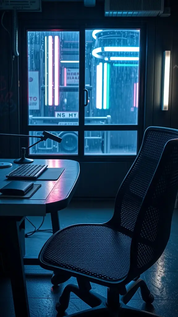 A modern workspace with a sleek desk and chair, featuring neon lights visible through a rain-soaked window.