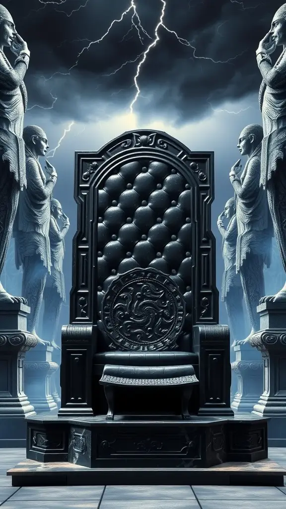 A dark throne surrounded by statues with lightning in the background.
