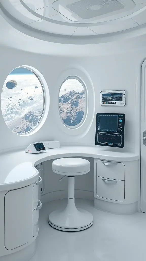 A futuristic research pod with circular windows showing a cosmic view, featuring a sleek white interior and high-tech monitors.
