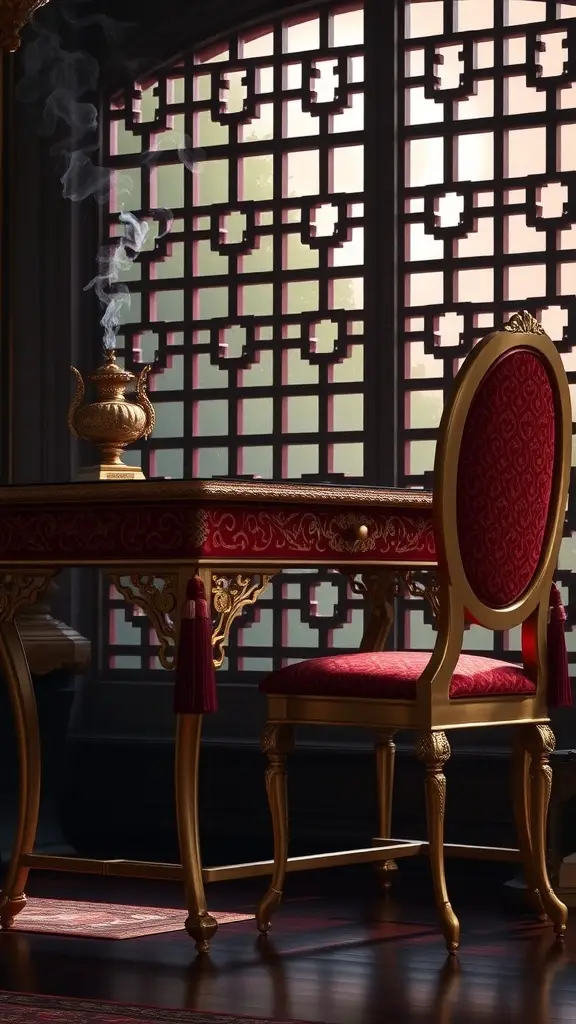 A luxurious royal study with a red and gold desk, ornate chair, and a steaming teapot, featuring intricate lattice windows.