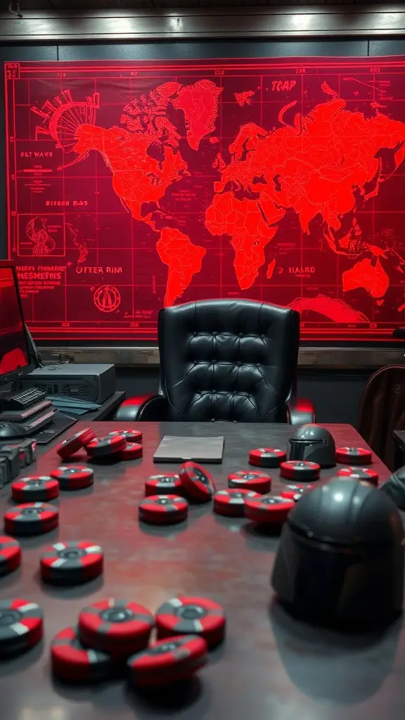 A futuristic bounty workroom featuring a red world map, a black chair, and various gadgets on a desk.
