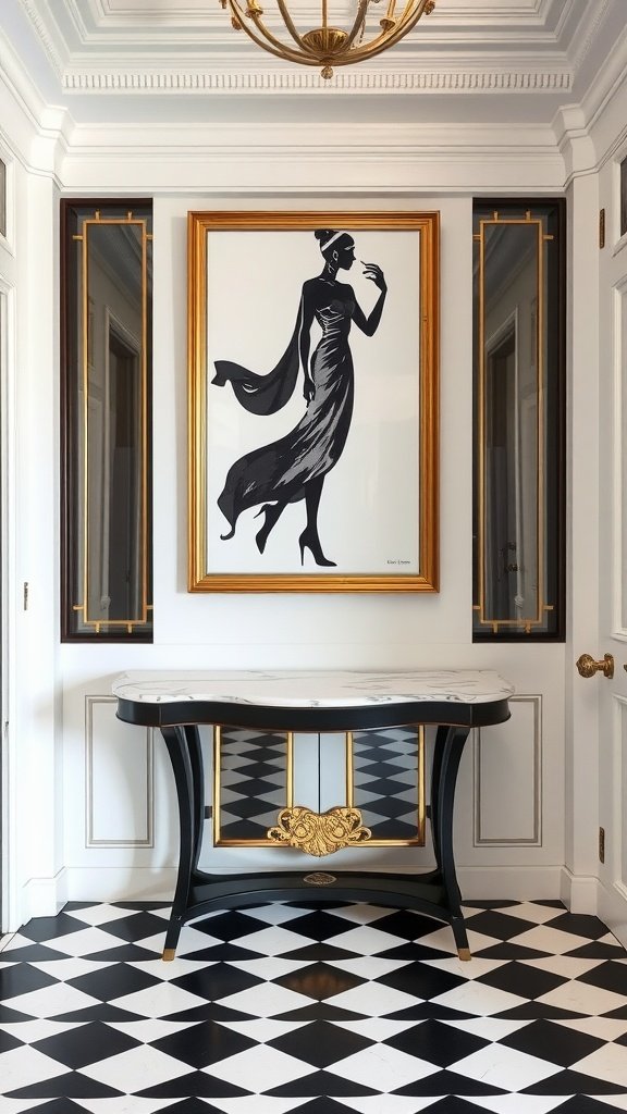 A stylish entryway featuring a Deco Dancer print framed in gold, marble flooring, and a chic console table.
