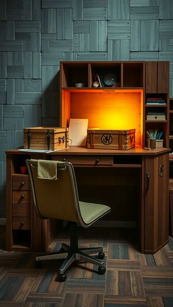 A cozy wooden desk with a warm lamp, wooden boxes, and a comfortable chair, set against a textured wall.
