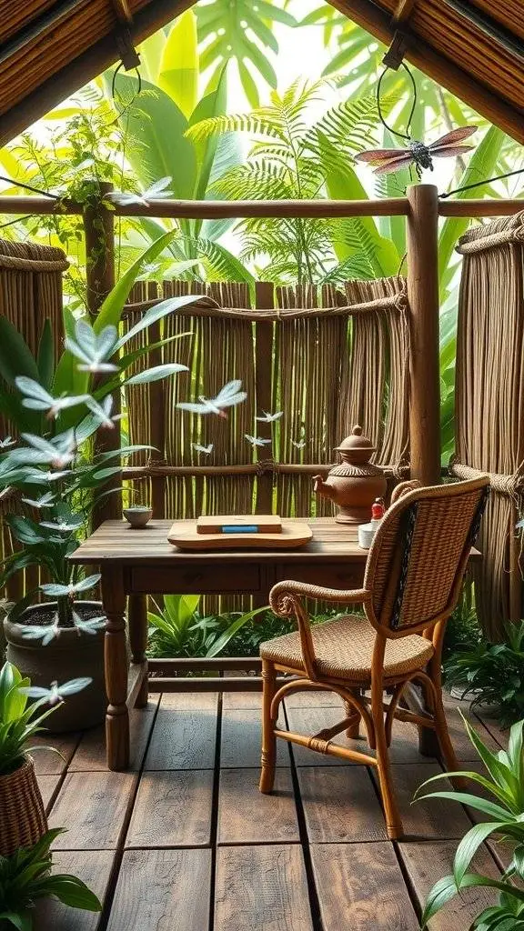 A serene workspace surrounded by lush greenery, featuring a wooden desk and woven chair.