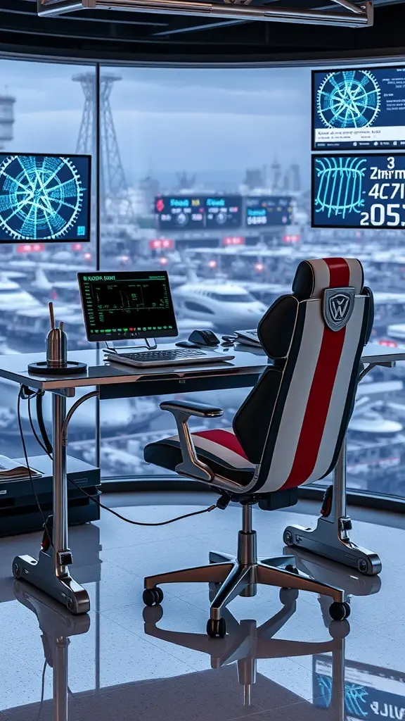 A futuristic office with large windows overlooking a spaceport, featuring high-tech monitors and a stylish ergonomic chair.