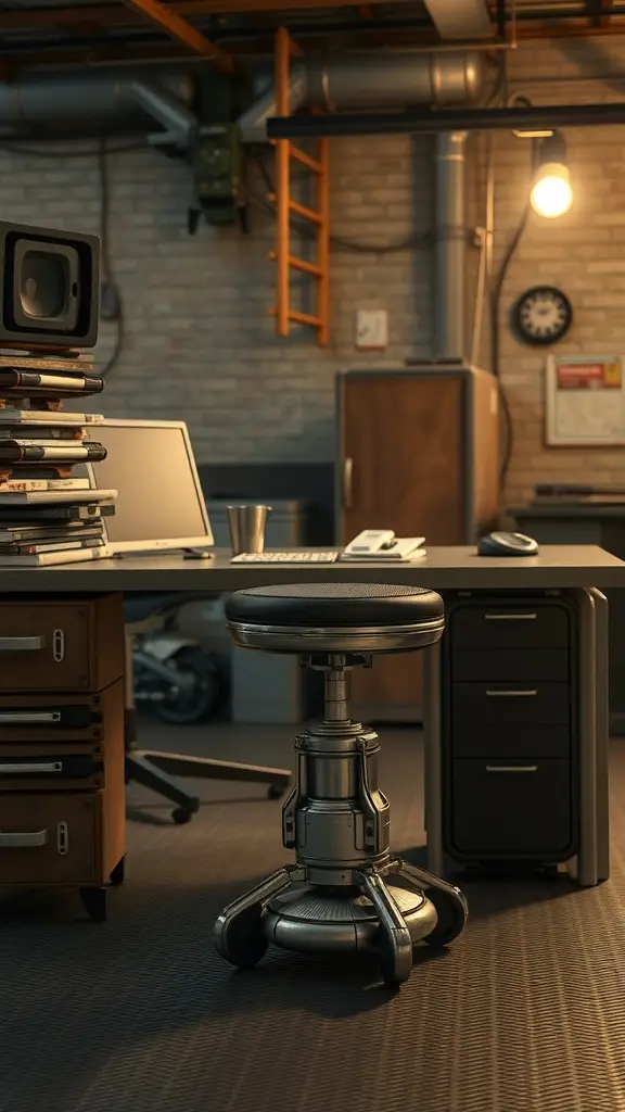 A futuristic workspace with a desk, metallic stool, and industrial decor.