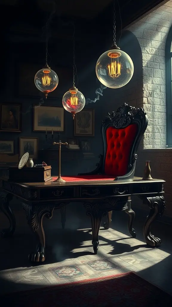 A dark workspace featuring a black desk, red chair, and vintage light bulbs against stone walls.