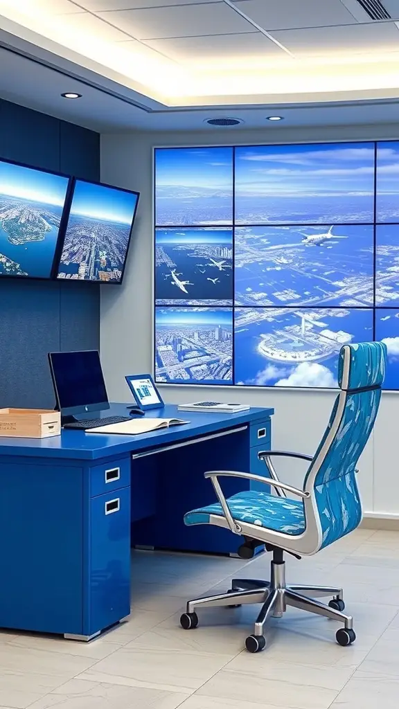 A modern office space with a blue desk, ergonomic chair, and multiple screens displaying aerial views.