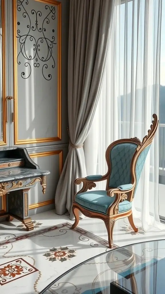 Elegant workspace in Onderon Royal Tower featuring a wooden desk and plush chair with large windows and intricate wall designs.
