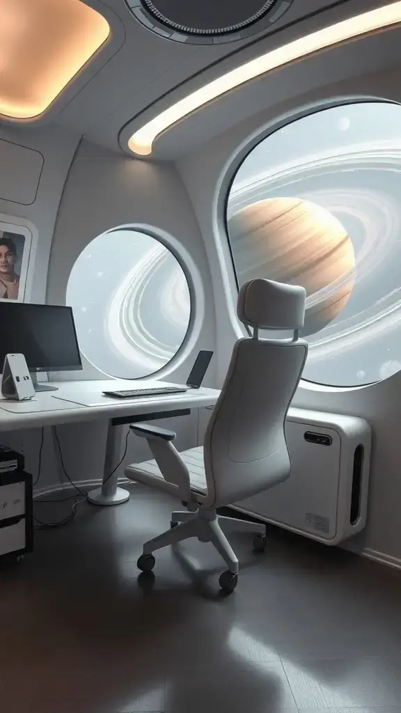 A modern office with a view of Saturn through large round windows, featuring a desk and ergonomic chair.