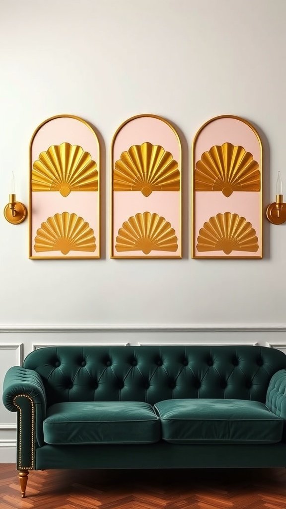 Fan motif triptych artwork in gold above a green velvet sofa