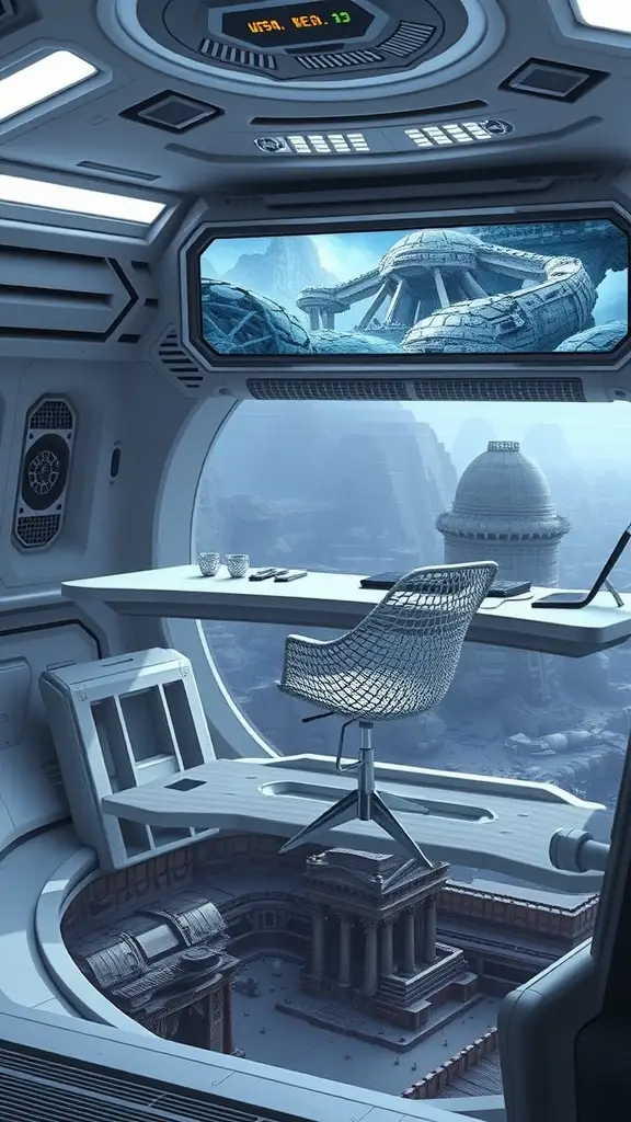 A futuristic workspace with a large window showing an alien landscape, featuring a sleek desk and chair.