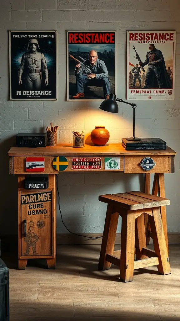 A wooden desk with posters on the wall, featuring a lamp and a stool, creating a cozy workspace.