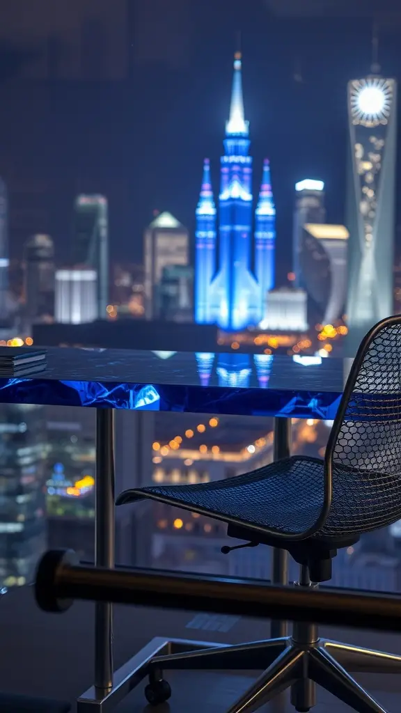 A modern workspace featuring a blue desk and a stylish chair, with a vibrant city skyline in the background at night.