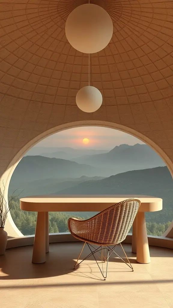A serene workspace with a rounded table and a cozy chair, overlooking mountains at sunset.