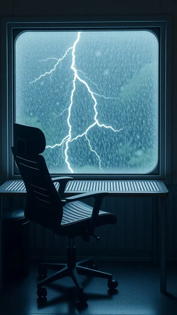 A modern desk with a chair in front of a window showing a storm with lightning and rain.
