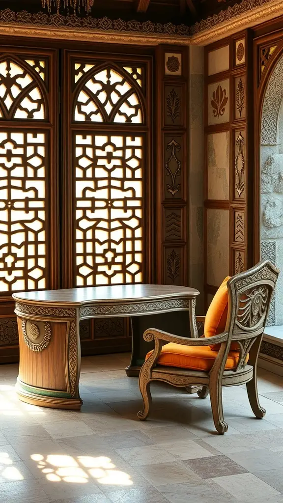 A beautifully designed workspace featuring a carved wooden desk and an elegant chair with orange upholstery, surrounded by intricate patterned windows.