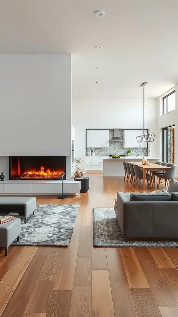 A modern double-sided fireplace in an open concept living space, showcasing sleek design and warm flames.