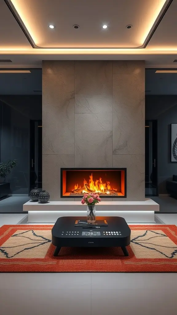 A modern smart fireplace with app control in a stylish living room