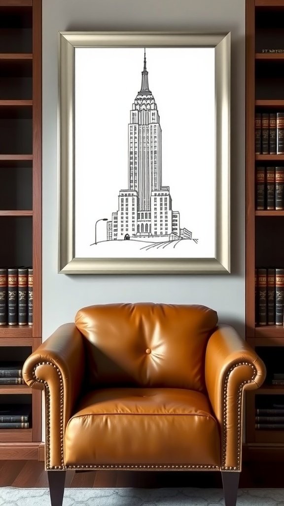 A leather chair in a reading nook with a sketch of the Chrysler Building framed on the wall, book shelves in the background.