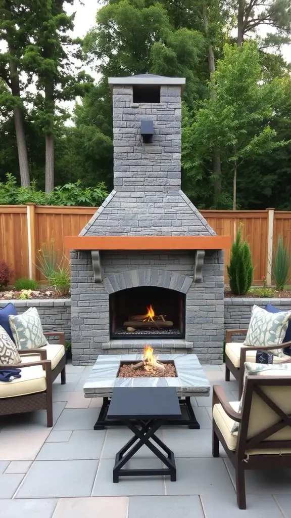 A modern outdoor fireplace made of stone with wooden accents, surrounded by comfortable seating and a stylish coffee table.