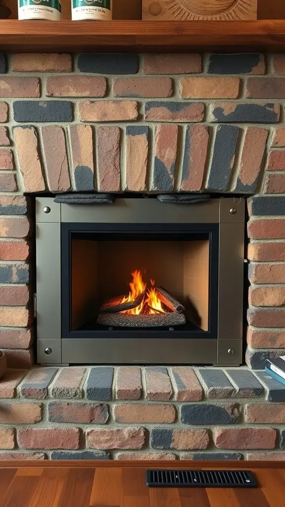 A modern fireplace insert in a brick surround, showcasing a cozy fire.