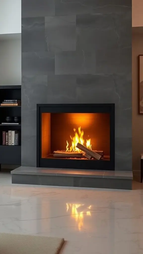 A modern glass-enclosed fireplace with flames and a gray stone surround.