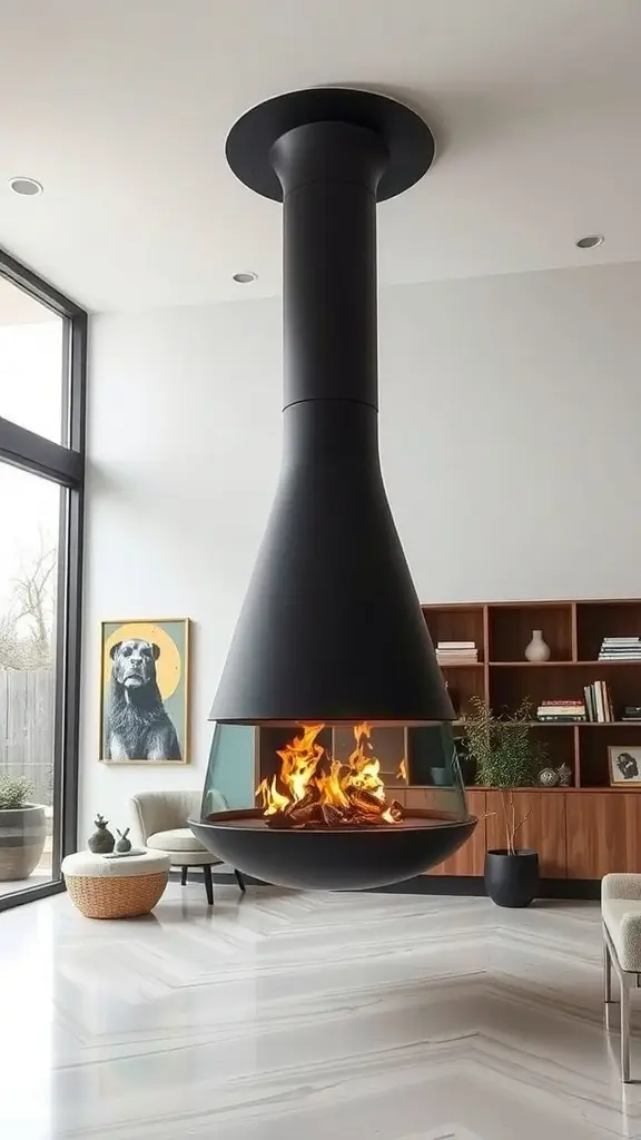 A modern suspended fireplace hanging from the ceiling, featuring a sleek black design with flames visible.