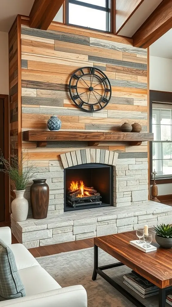 A modern fireplace with reclaimed wood accents and stone surround, featuring decorative elements on the mantel.