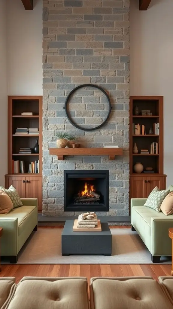 Modern fireplace design with integrated seating, featuring two sofas and a stone wall.