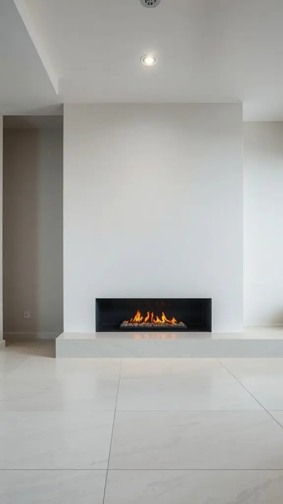 A modern linear fireplace with flames, set in a minimalist room.