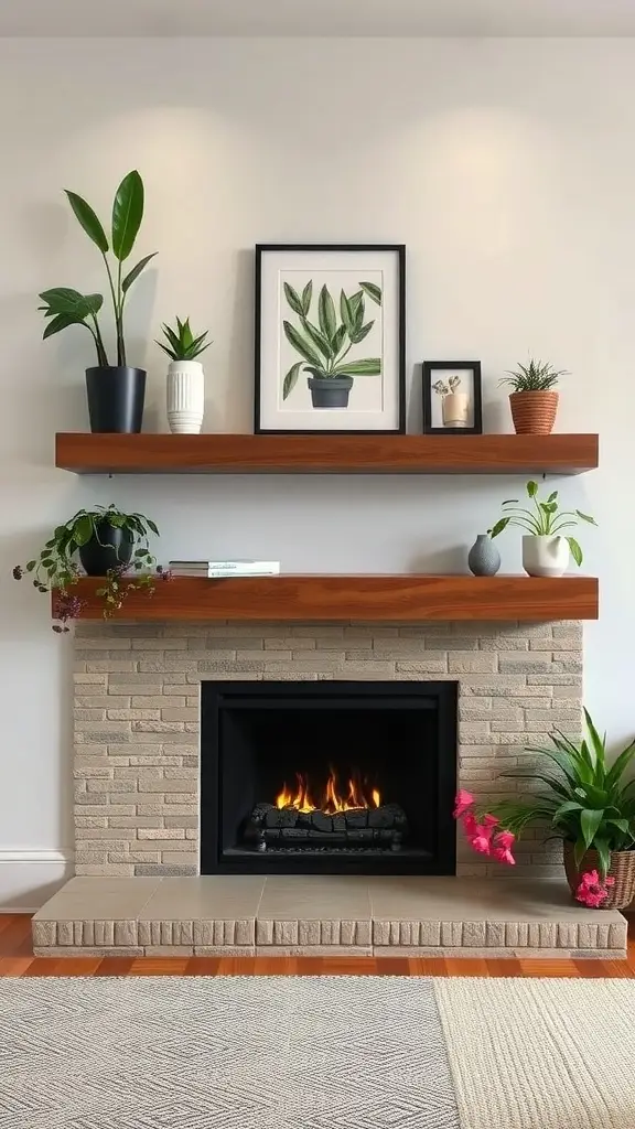 A modern fireplace with floating wooden shelves above, decorated with plants and framed photos.